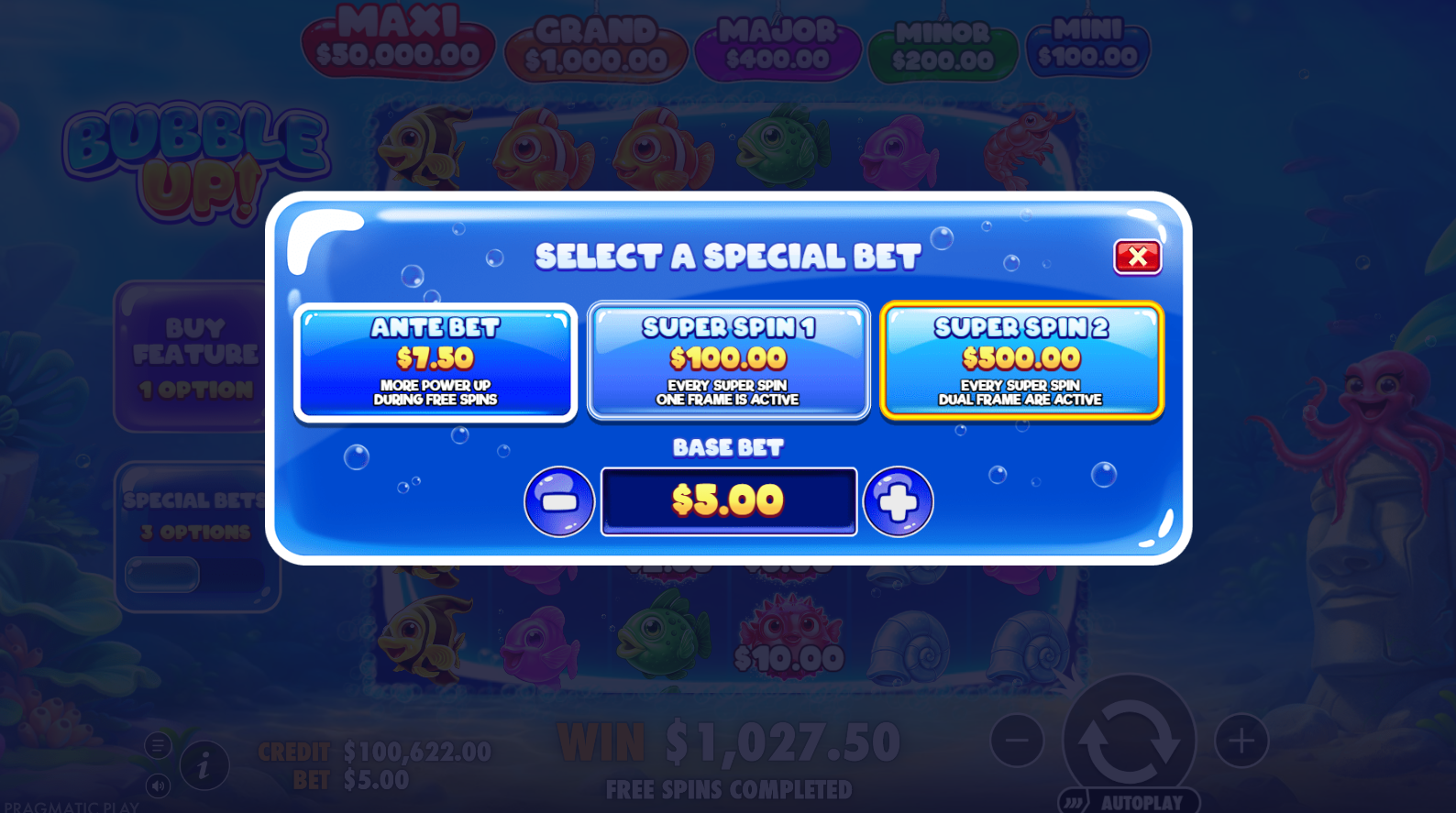 Bubble Up! special bets options screen