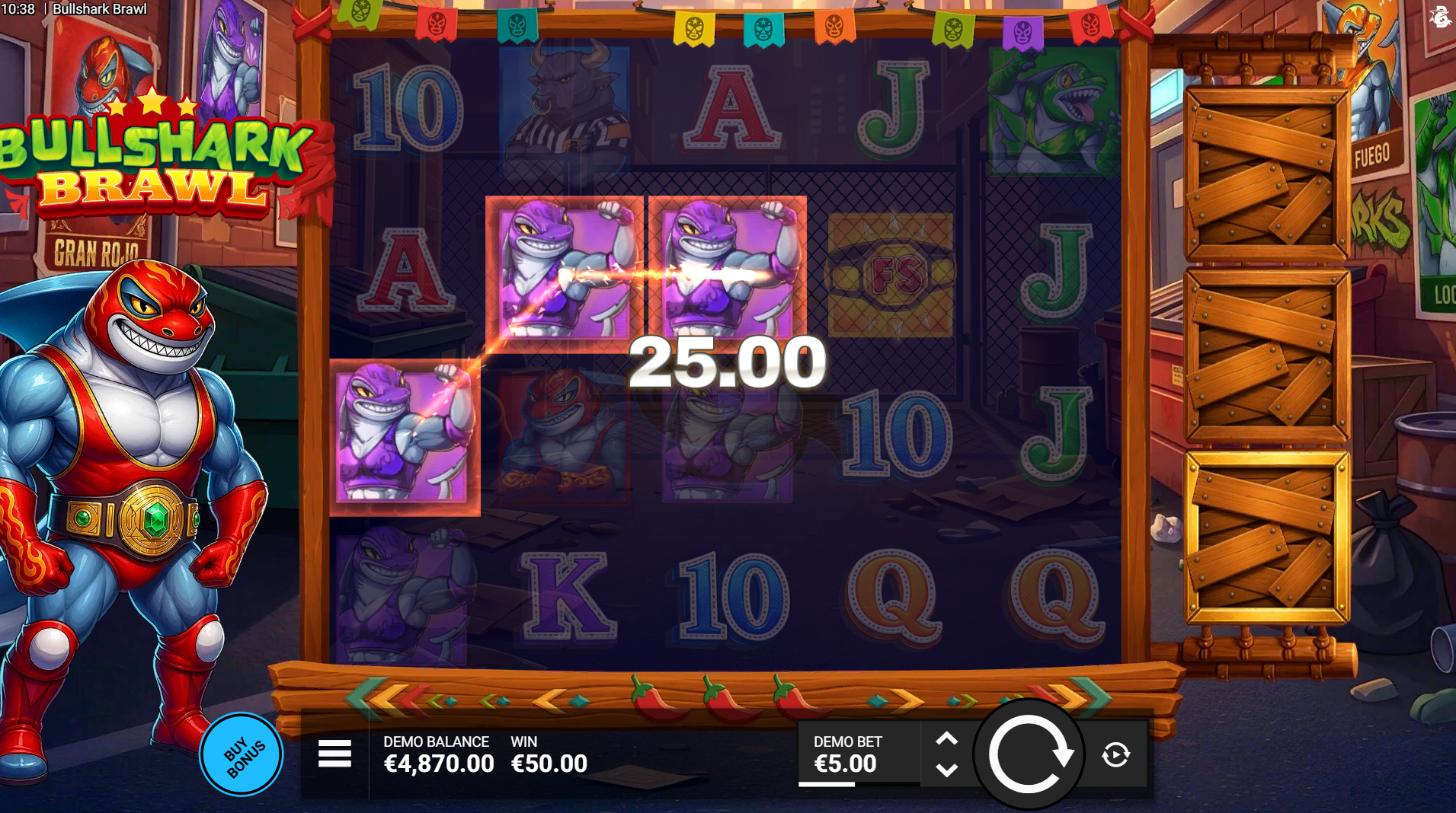 Bullshark Brawl base game showing the 5x4 reel grid with wrestler shark symbols
