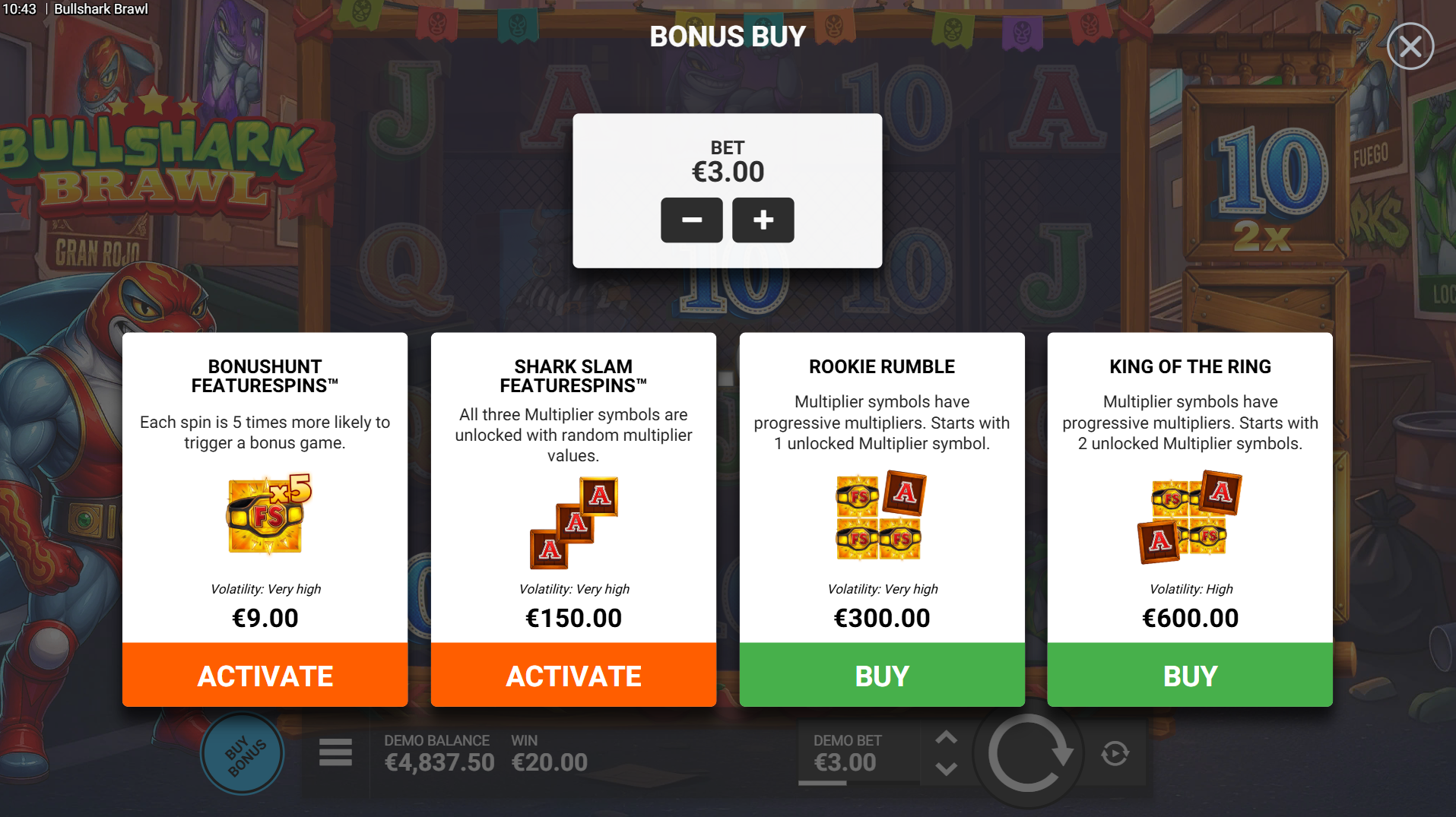 Bullshark Brawl bonus buy menu showing the four purchase options and their costs