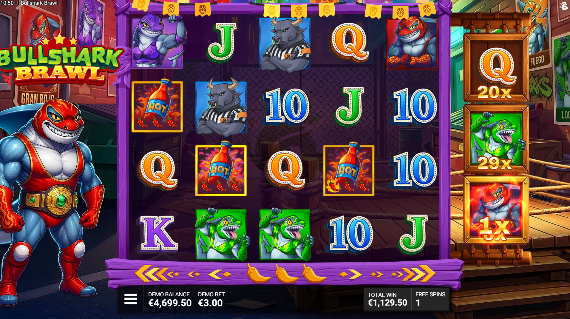 Bullshark Brawl King of the Ring bonus feature with 2 Multiplier symbols active