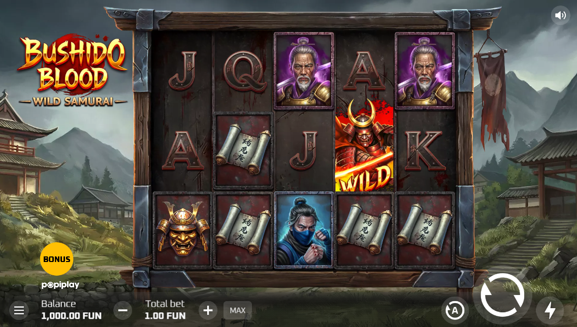 Bushido Blood base game play - samurai themed slot on a 5x3 grid with 15 paylines
