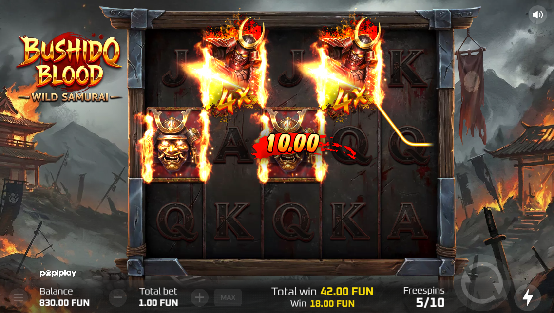 Bushido Blood Free Spins bonus game in play with Wild multipliers active