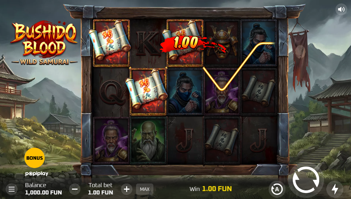 Bushido Blood slot showing 15 fixed paylines on a 5x3 grid
