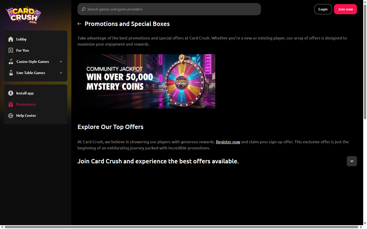 Card Crush promotions page showing the Community Jackpot 'Win Over 50,000 Mystery Coins' offer and special boxes reflecting its card-battle Mystery Coin model