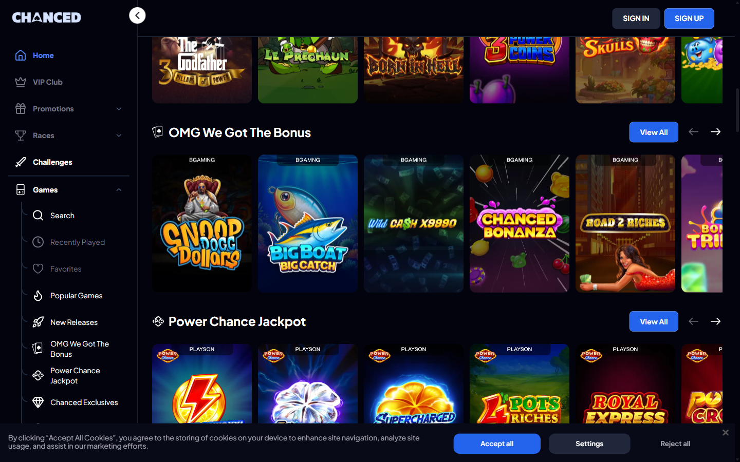 Chanced Casino game lobby with the OMG We Got The Bonus and Power Chance Jackpot rows