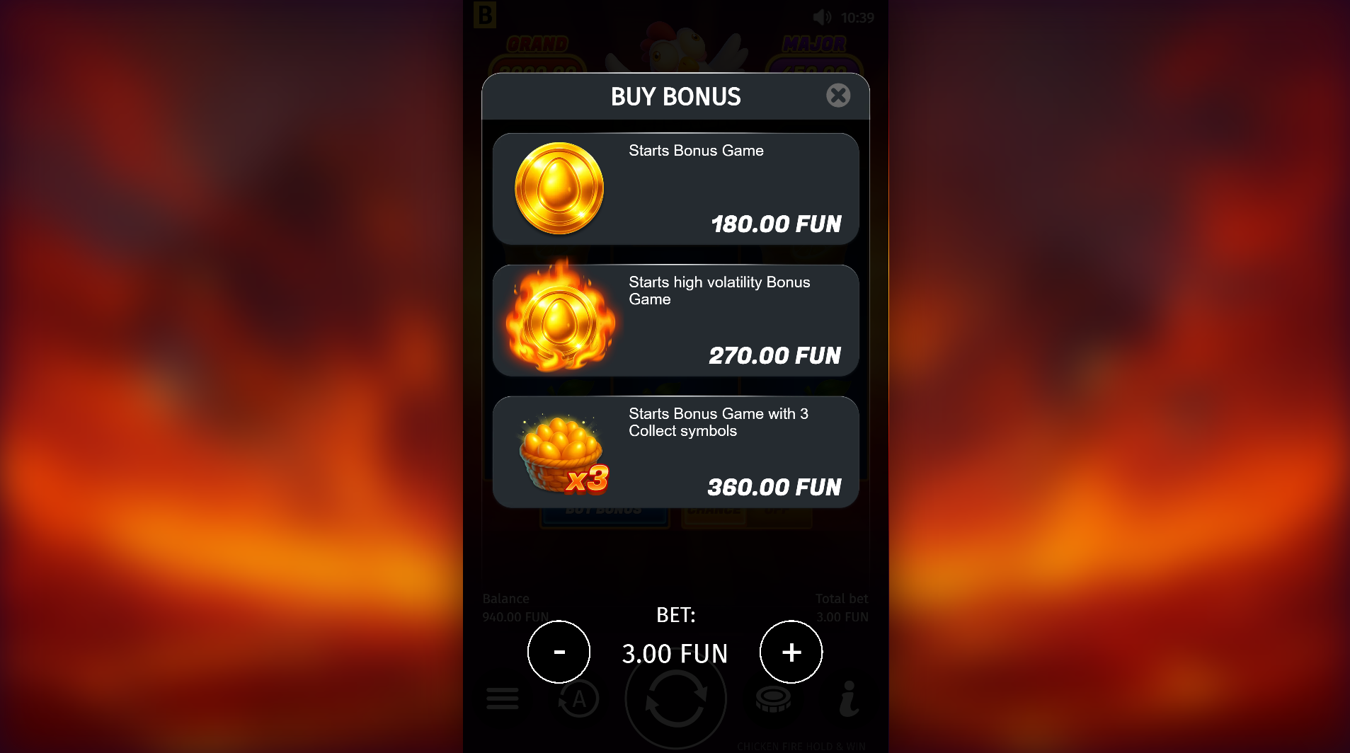 Chicken Fire bonus buy options showing Bonus, Super Bonus and Ultra Bonus costs