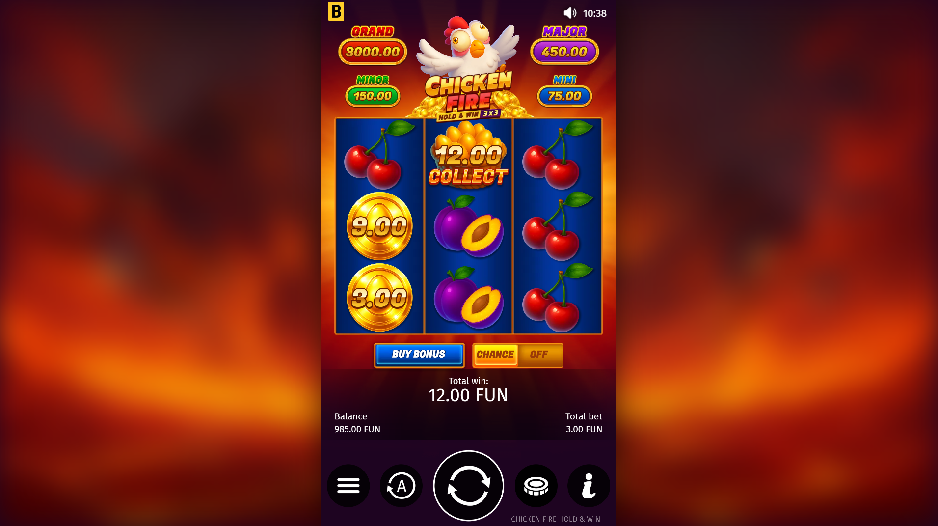 Chicken Fire Coin Collect mechanic with coins landing on side reels