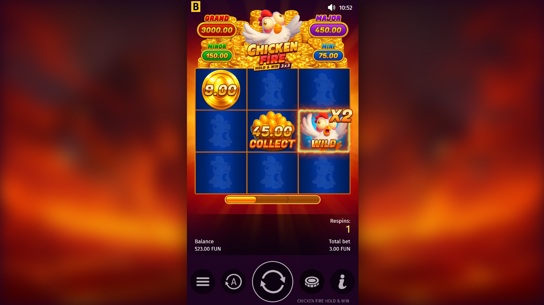Chicken Fire Hold and Win bonus round in progress