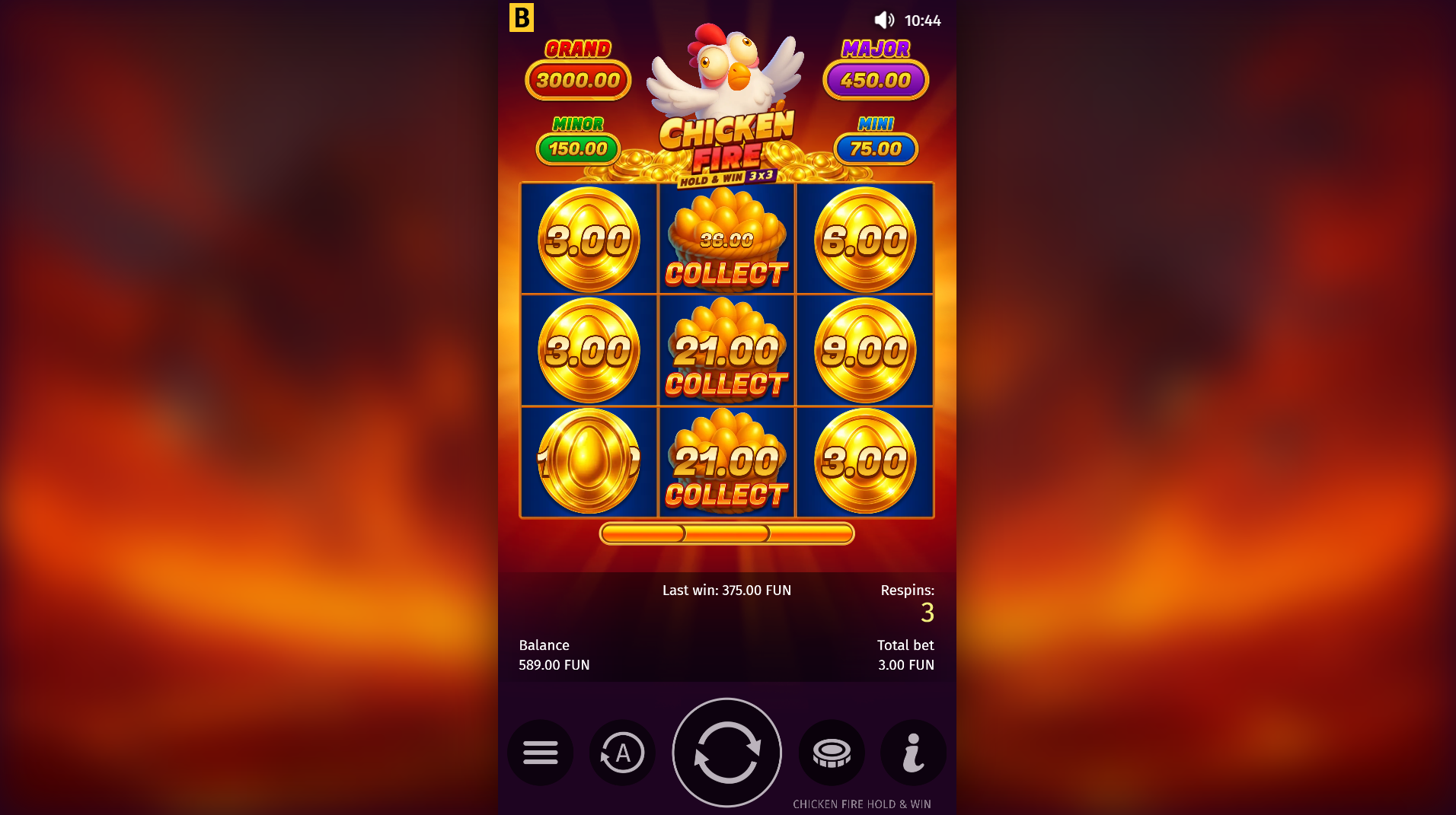 Chicken Fire bonus starting with 3 Collect symbols