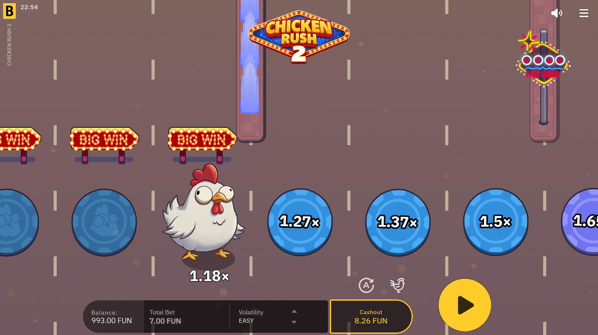 Chicken Rush 2 base game - chicken crossing the road with multiplier chips