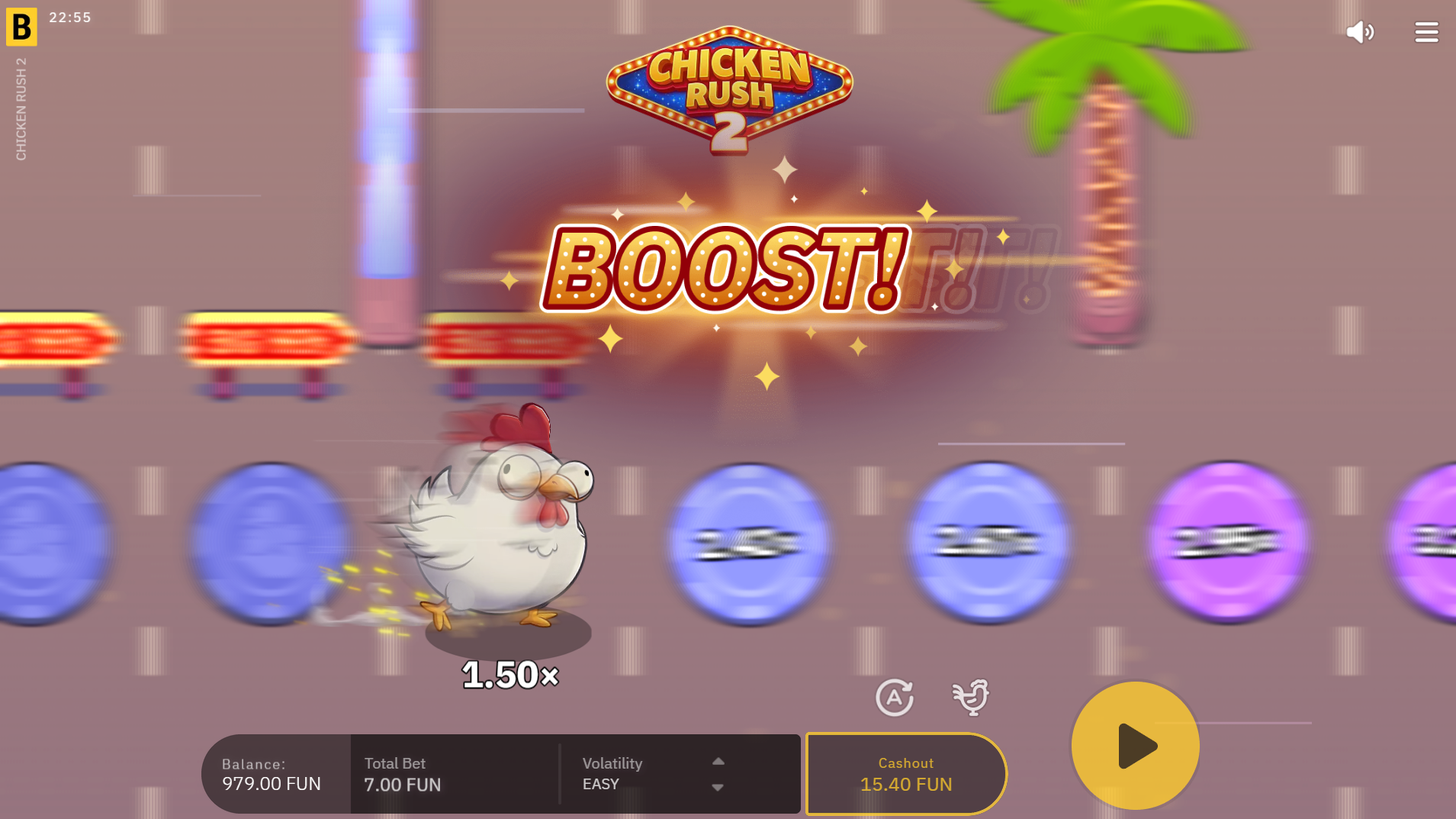 Chicken Rush 2 Rush Boost feature - chicken skipping lanes for a higher multiplier