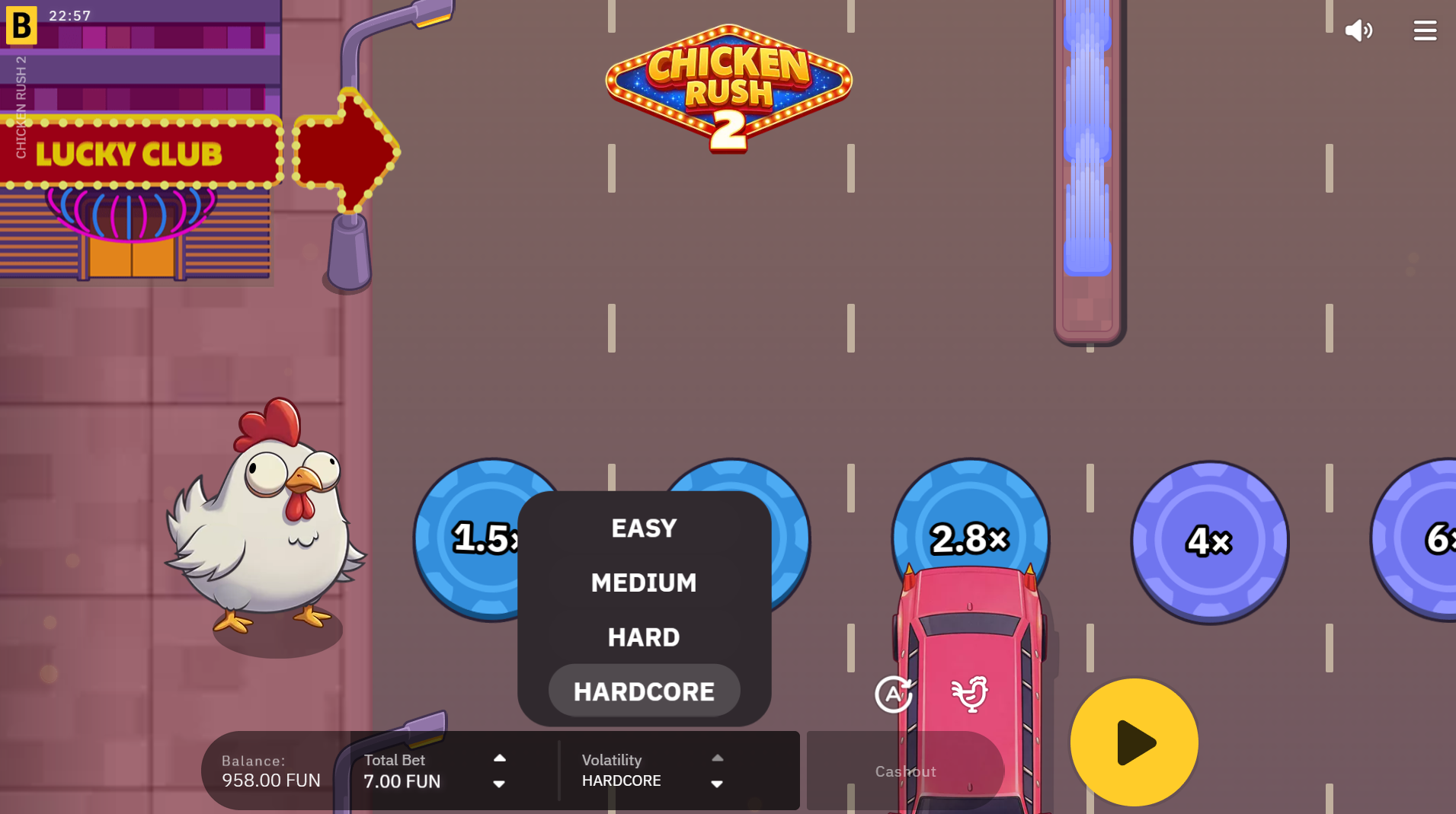 Chicken Rush 2 difficulty settings - Easy, Medium, Hard and Hardcore mode options