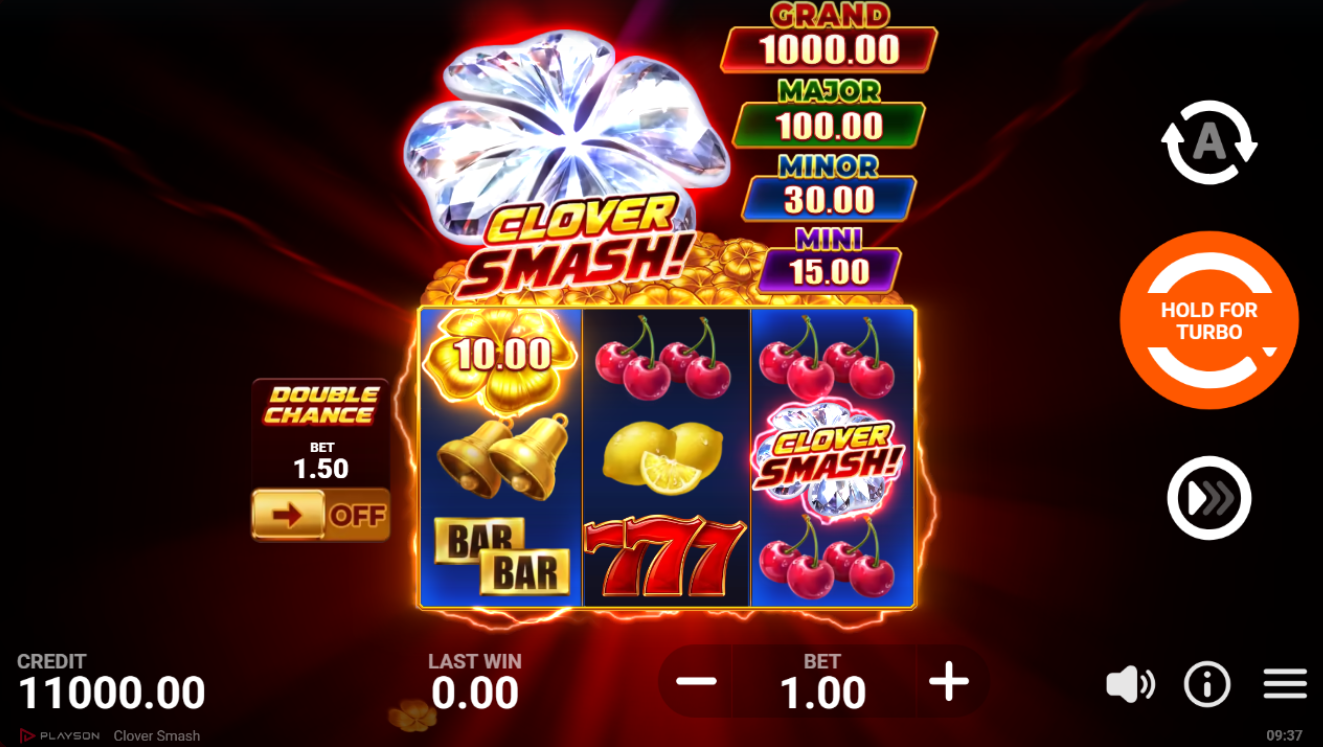 Clover Smash base game gameplay showing the reels and paylines