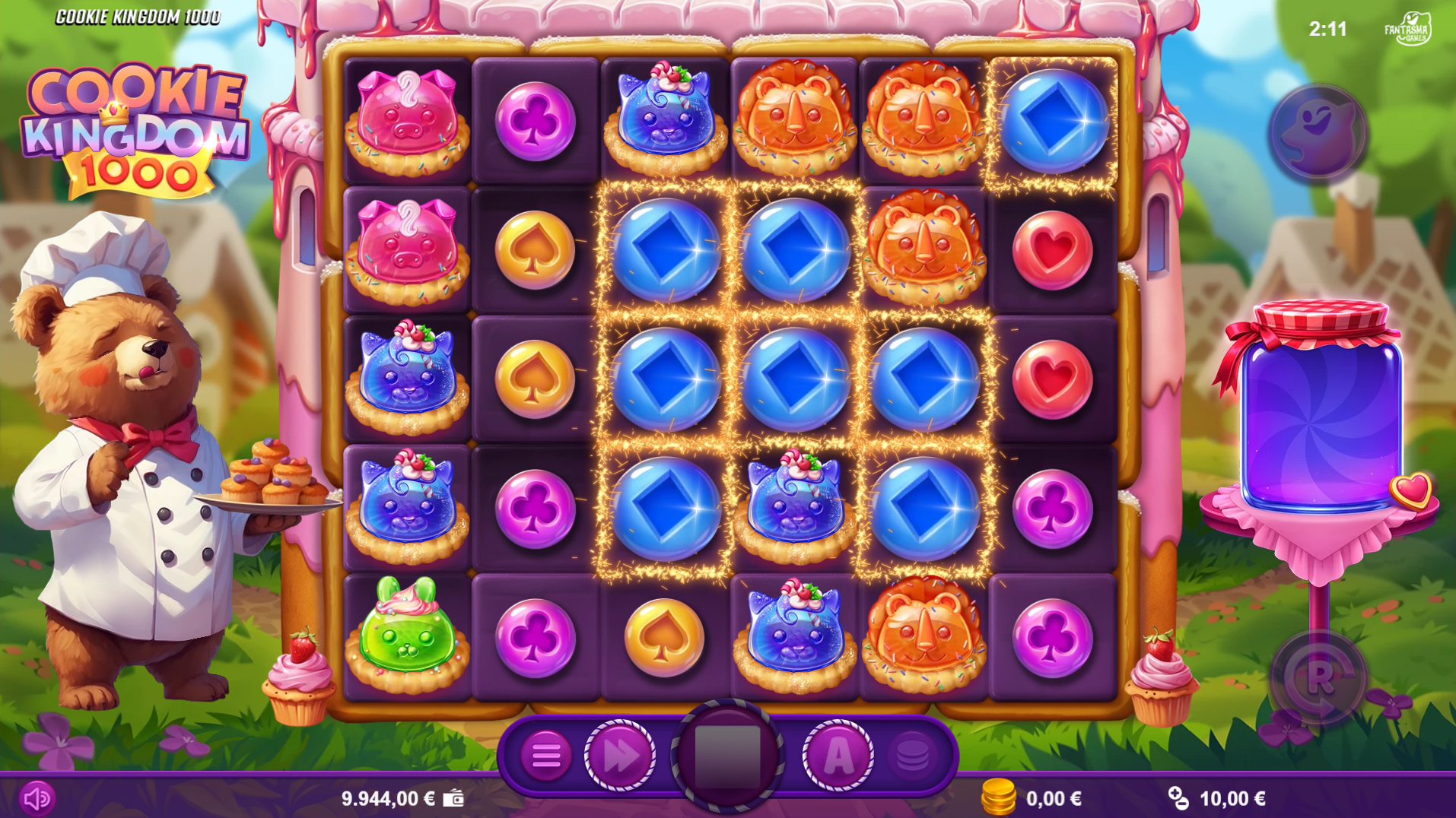 Cookie Kingdom 1000 base game showing the 6x5 candy-themed grid