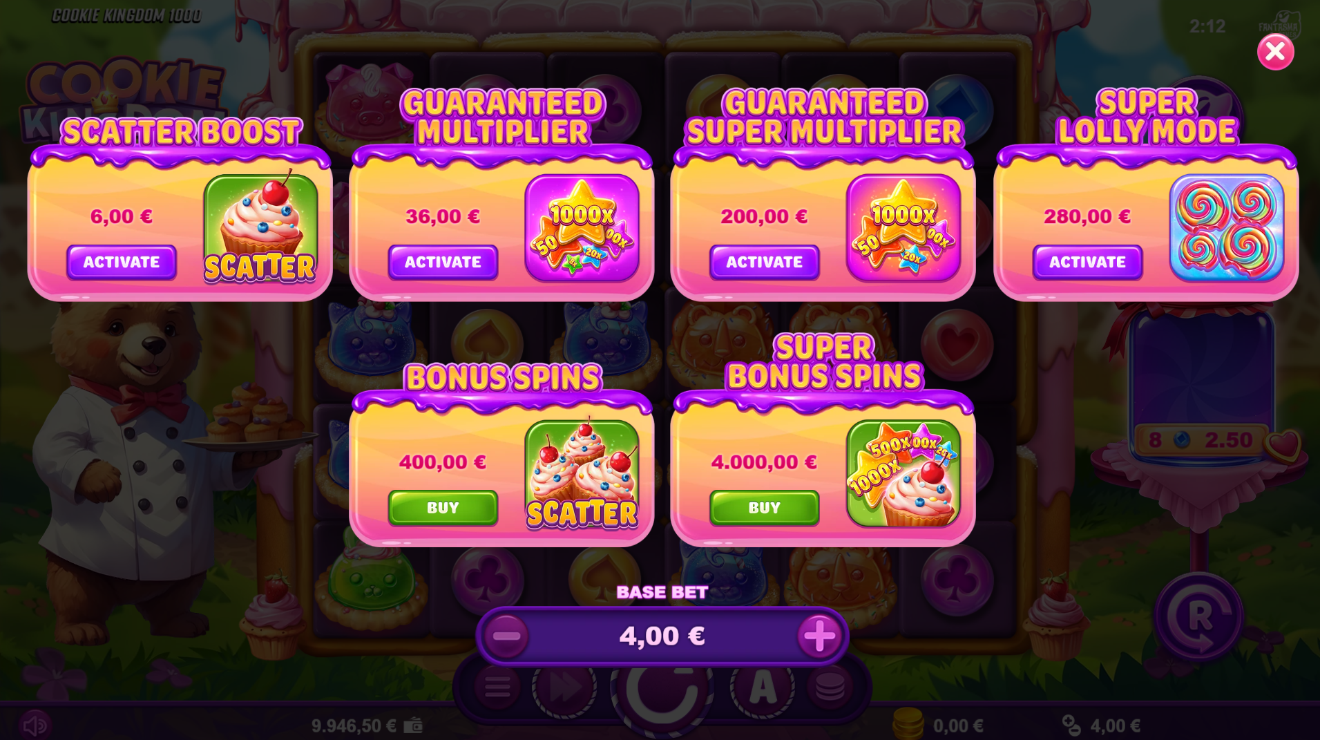 Cookie Kingdom 1000 bonus buy options menu showing all purchase tiers