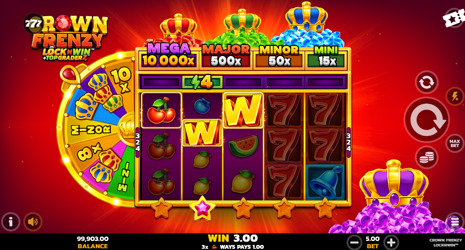 Crown Frenzy LockNWin base game showing 5-reel layout with cash value symbols