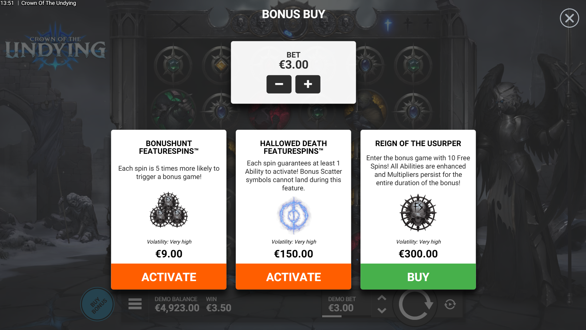 Crown of the Undying Buy Feature bonus buy options screen