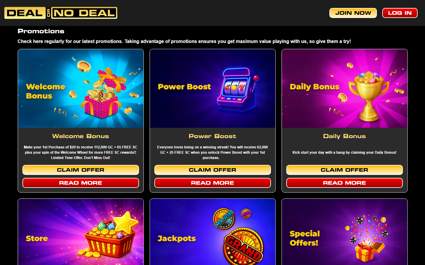 Deal Or No Deal Win promotions page with Welcome Bonus, Power Boost, Daily Bonus and Store offers