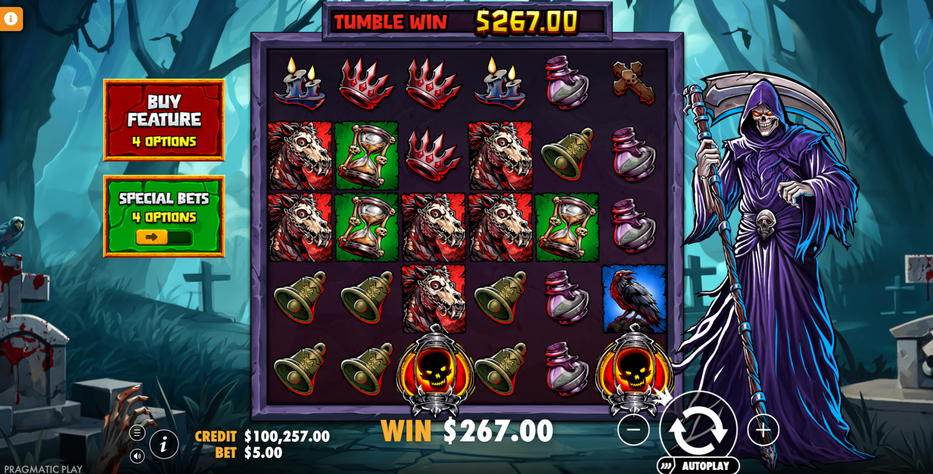 Death Dominion base game showing the 6x5 reel grid with symbols and multipliers