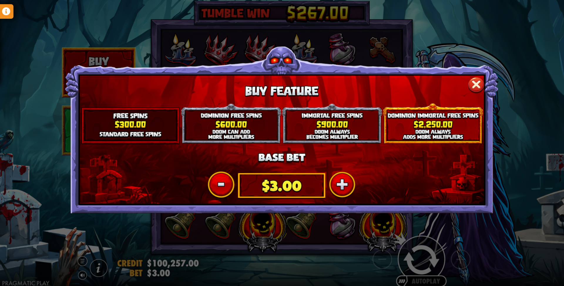 Death Dominion bonus buy options screen showing available purchase options