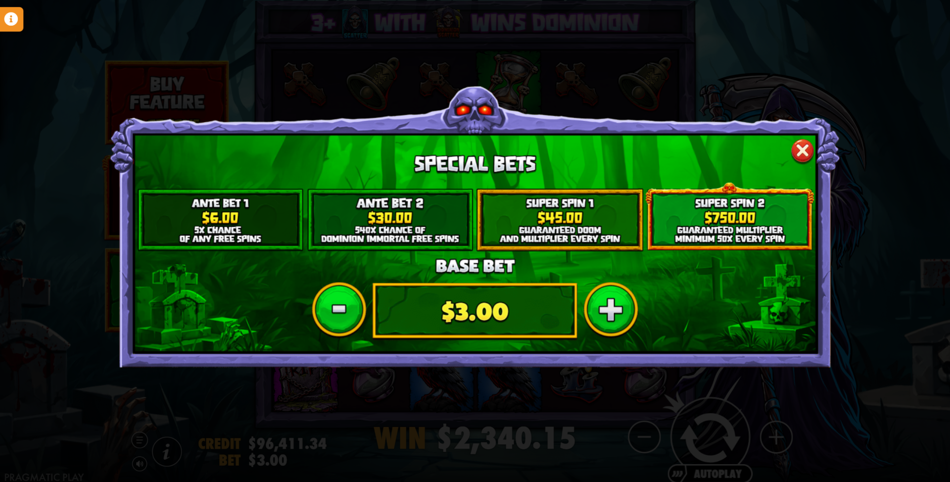 Death Dominion Special Bets and Ante Bet options