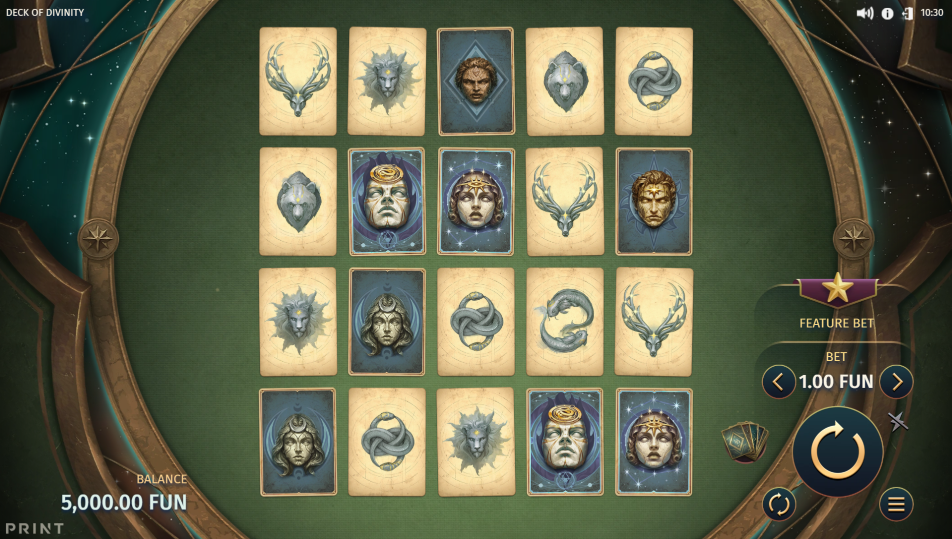Deck of Divinity base game showing the 5x4 cosmic card grid with Prize Cards