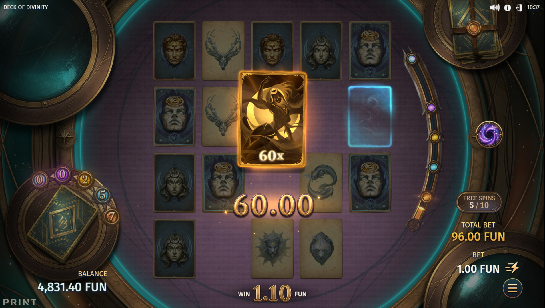 Deck of Divinity free spins gameplay with upgraded Prize Cards and Card Packs