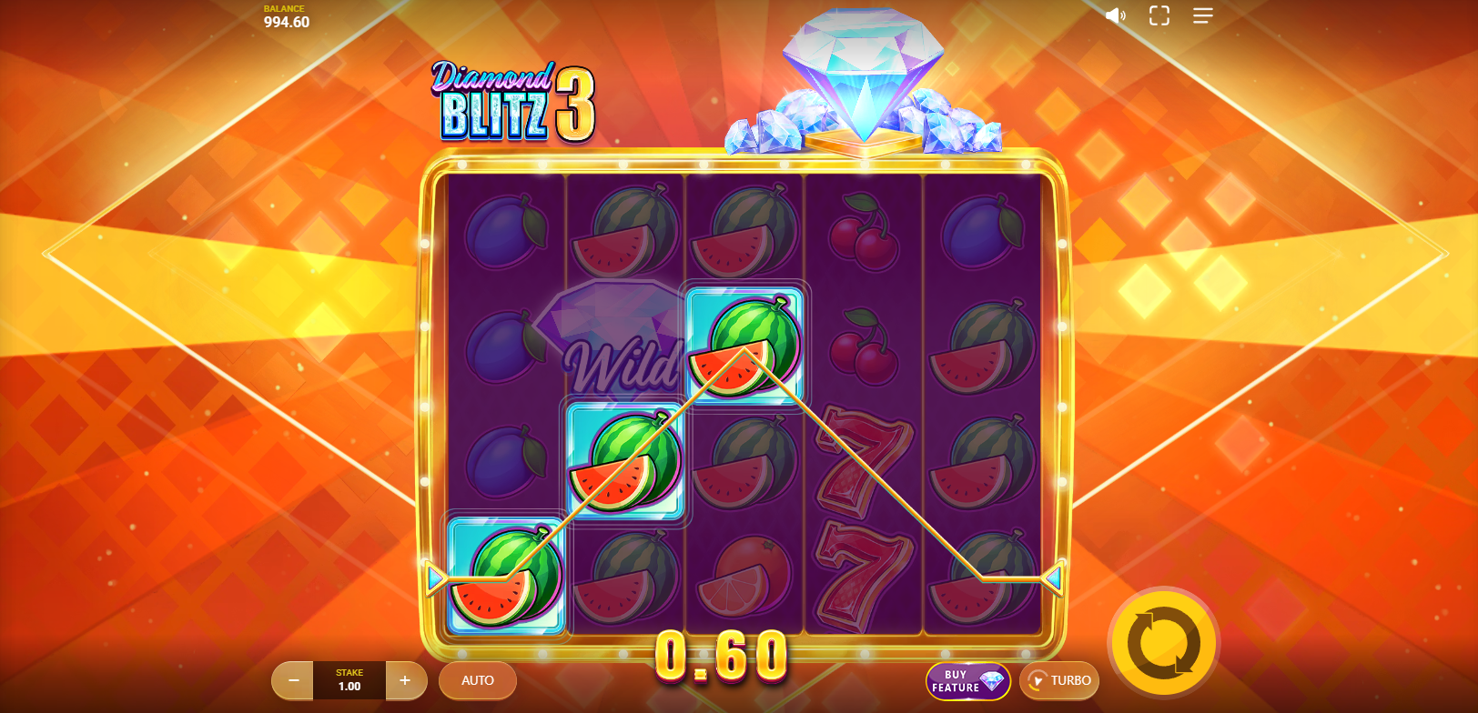 Diamond Blitz 3 payline structure showing 20 fixed win lines