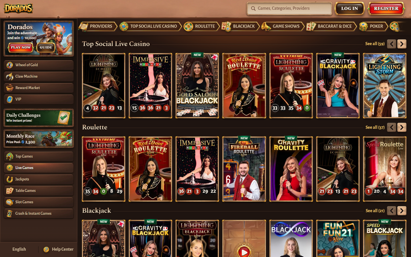 Dorados live social casino lobby showing live roulette, blackjack and game show tables with dealers