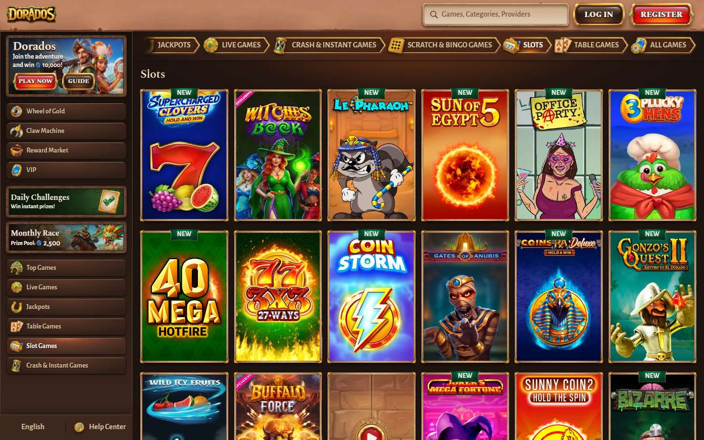 Dorados slots lobby showing a large grid of casino-style slot games including Le Pharaoh, Sun of Egypt 5 and Coin Storm