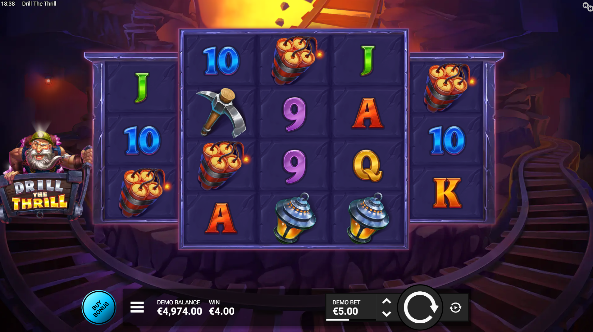 Drill the Thrill base game grid showing the 3-4-4-4-3 reel layout