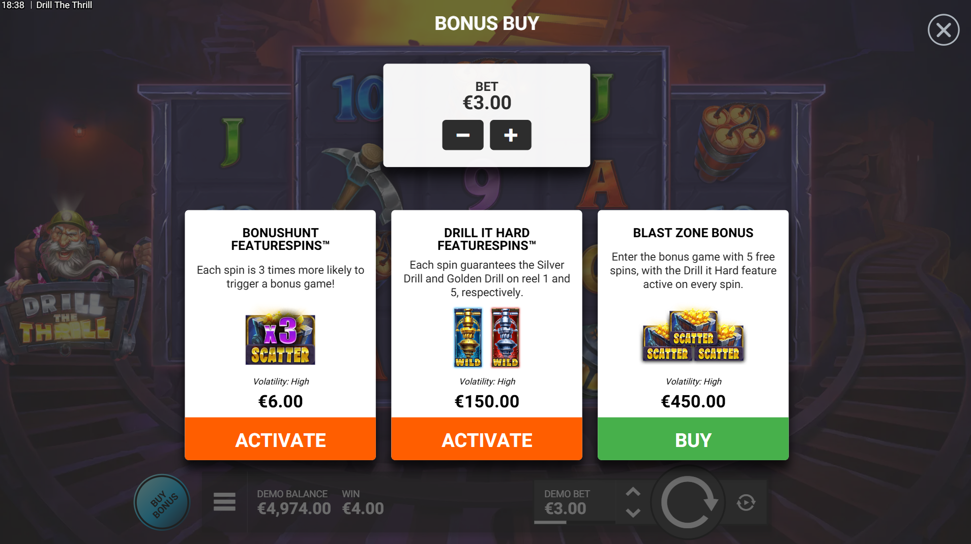 Drill the Thrill bonus buy options menu