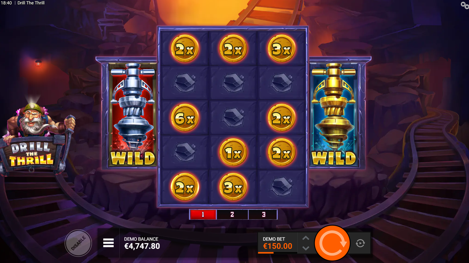 Drill the Thrill Hold and Win respin feature showing sticky coin and jackpot symbols