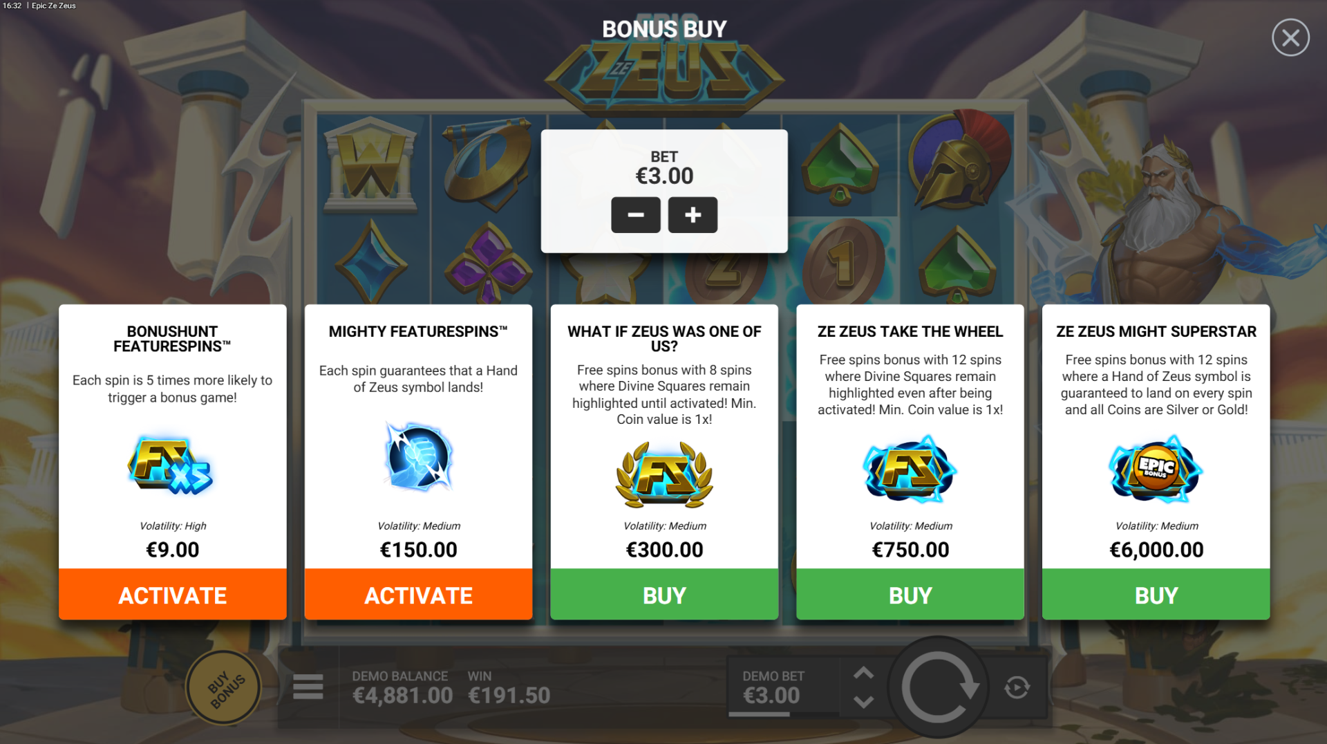 Epic Ze Zeus - all bonus buy options screen