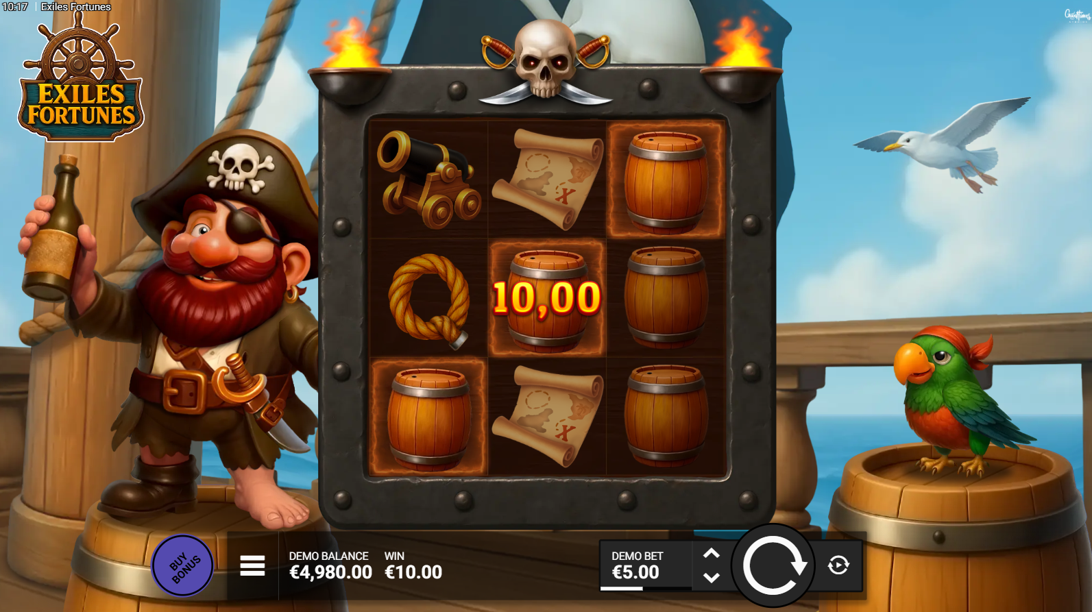 Exiles Fortunes base game - 3x3 reel grid with pirate theme symbols