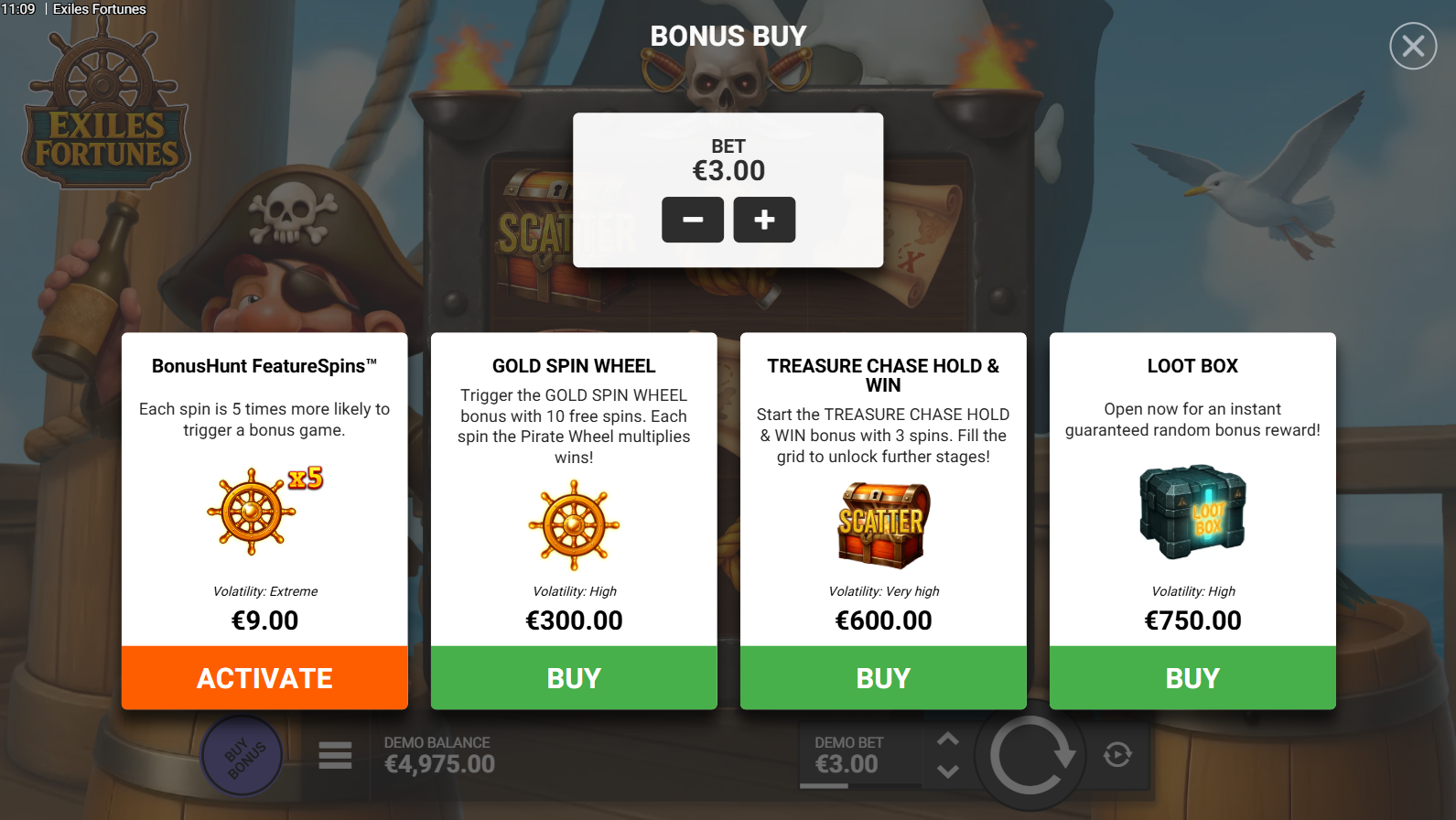 Exiles Fortunes bonus buy options menu showing all purchasable features