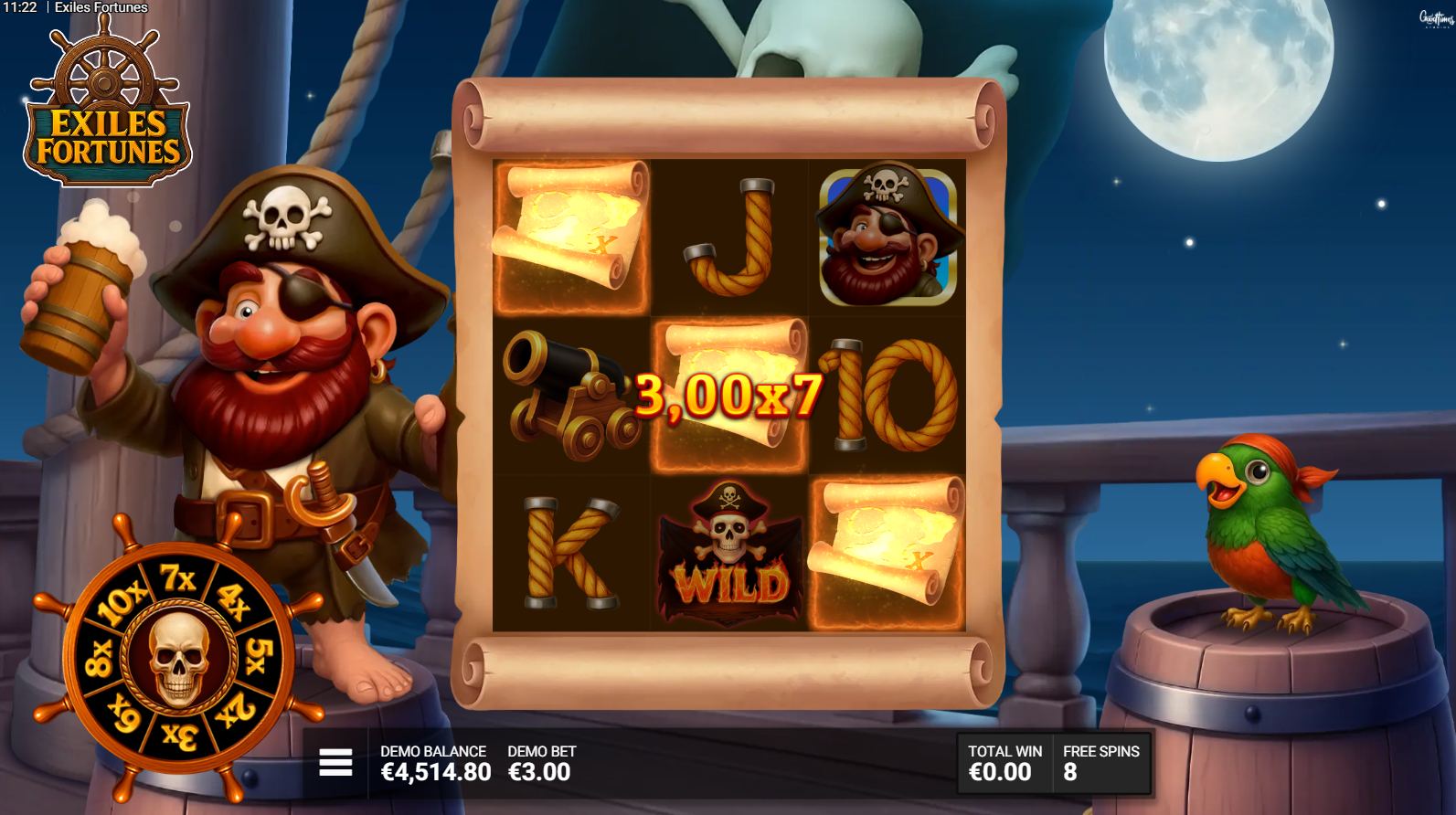 Exiles Fortunes Gold Spin Wheel free spins bonus with pirate wheel multipliers