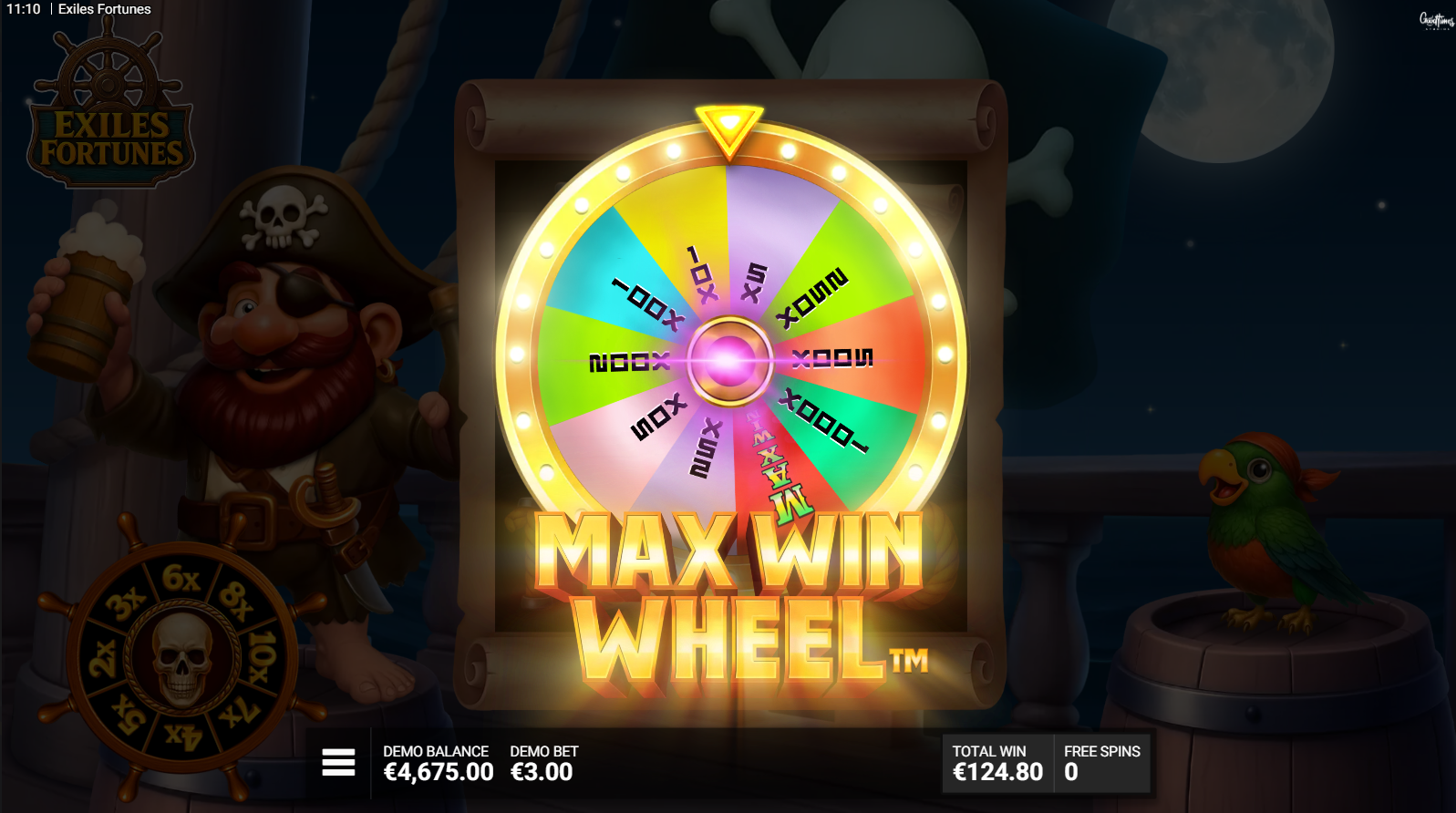 Exiles Fortunes Max Win Wheel showing prize multiplier segments up to 10,000x