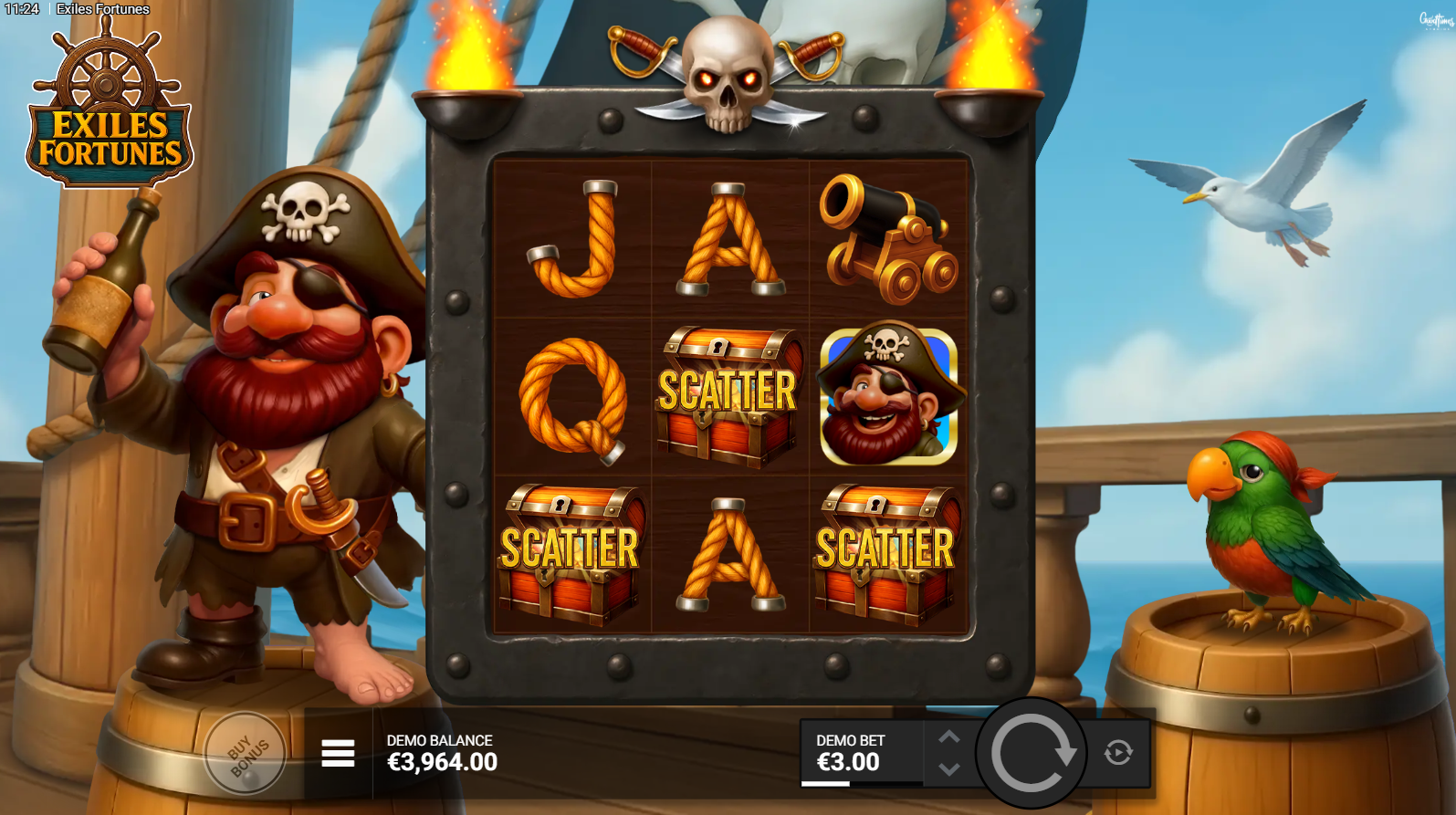 Exiles Fortunes FS Scatter symbols triggering the Hold & Win bonus