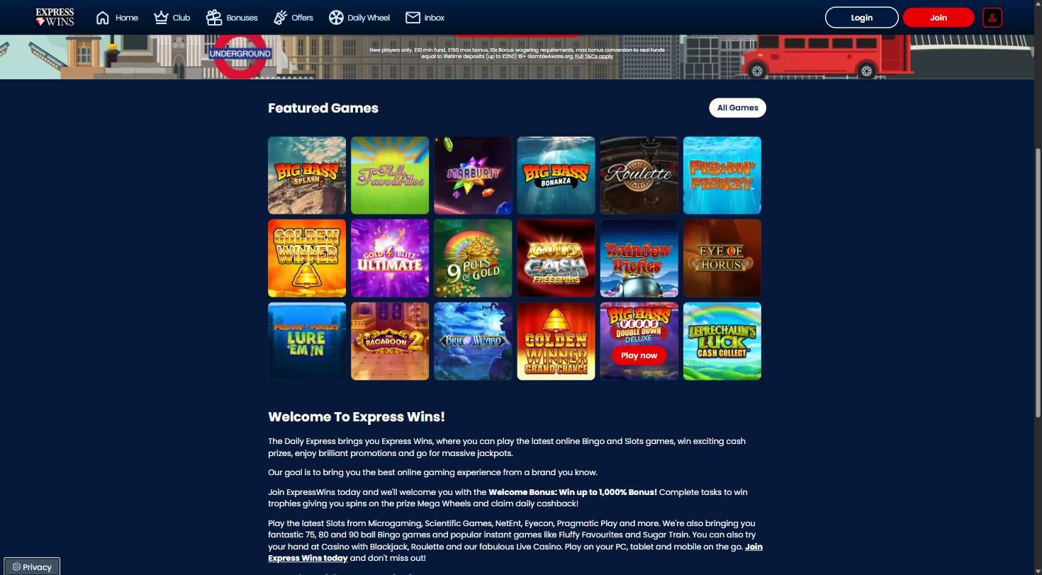 Express Wins featured games lobby and welcome text