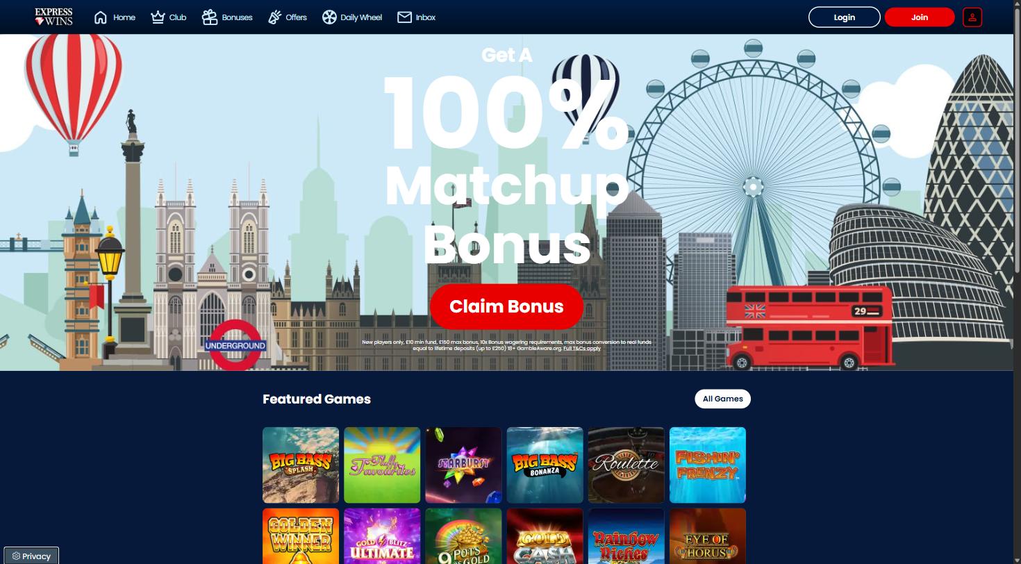 Express Wins casino homepage with the 100% matchup bonus