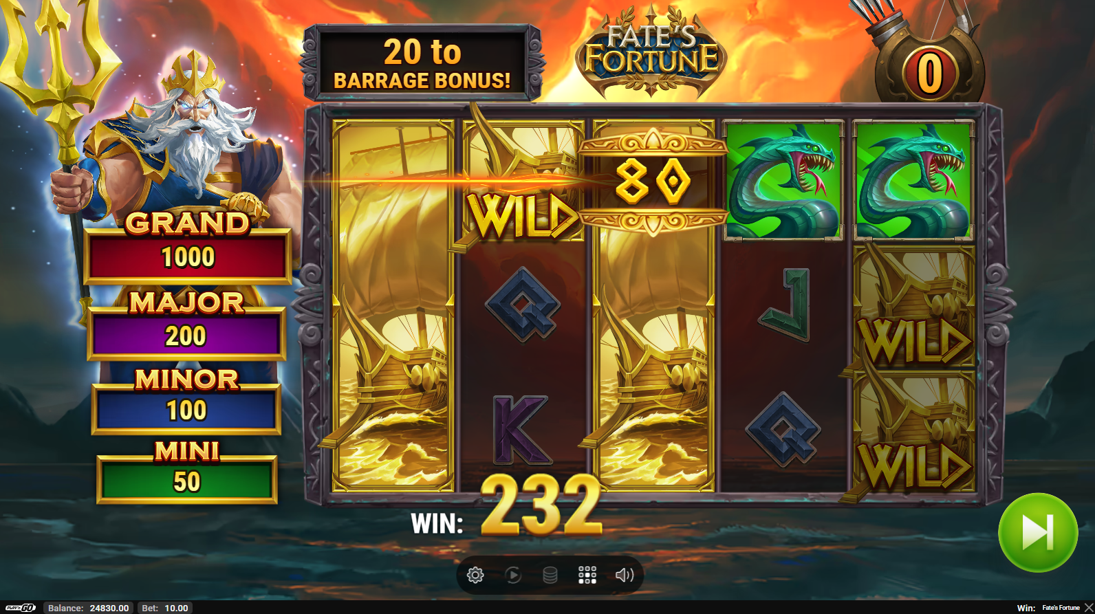 Fate's Fortune Barrage Bonus with shield counter and arrows transforming symbols