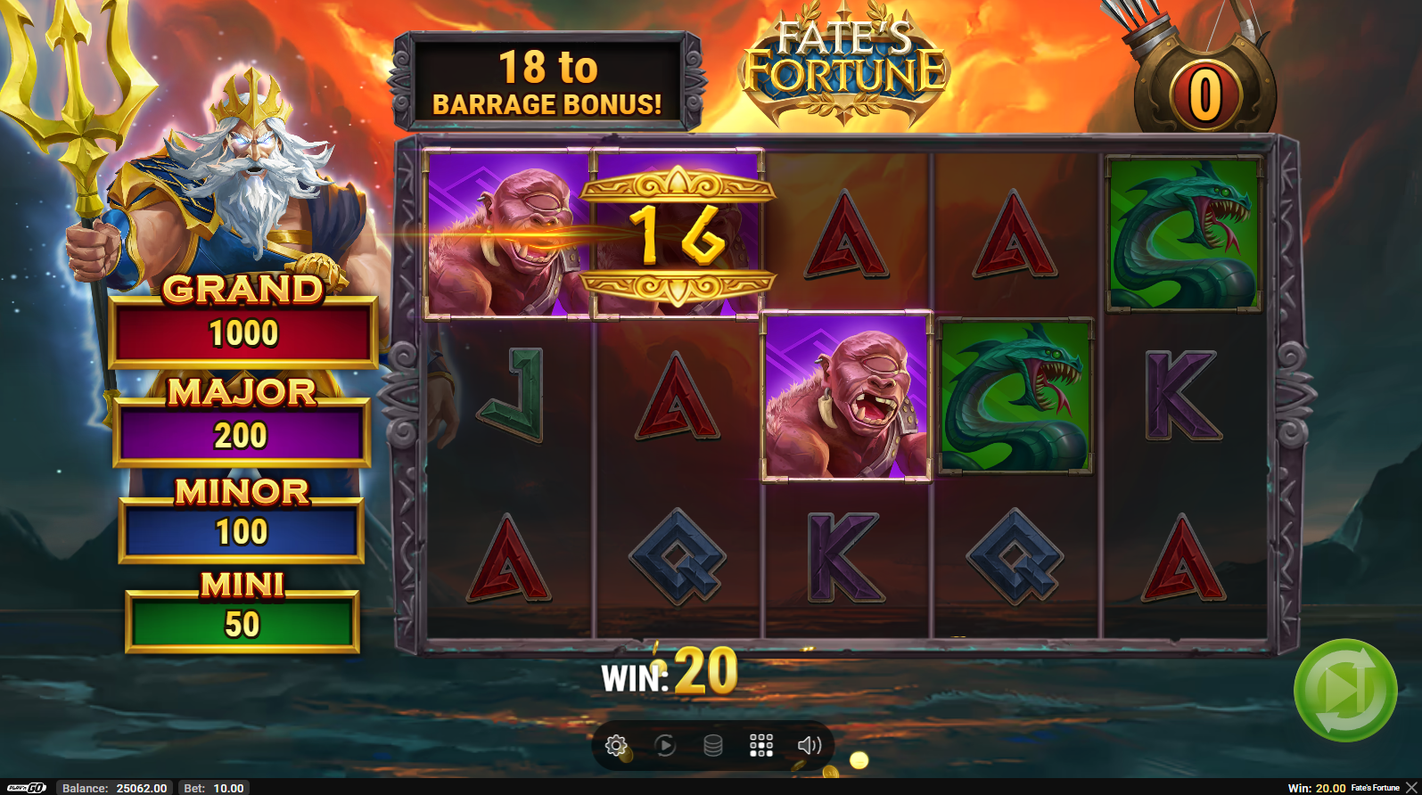 Fate's Fortune base game showing 5-reel grid with Poseidon scatter and wild ship symbols