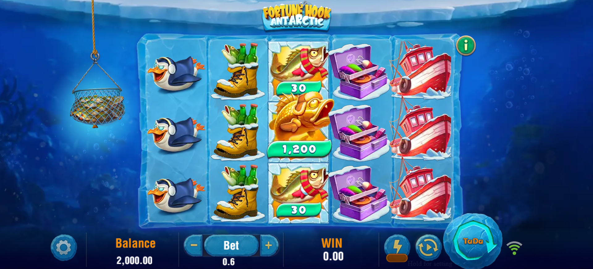 Fortune Hook Antarctic base game showing 5x3 grid with Money symbols and penguin characters