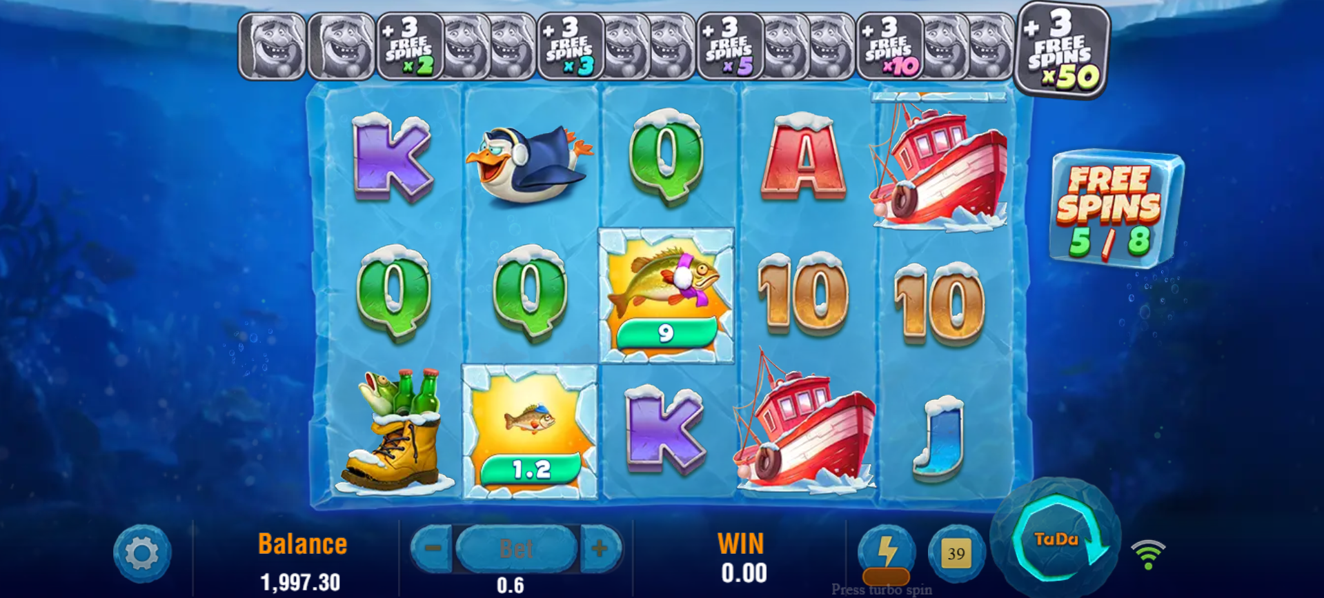 Fortune Hook Antarctic free spins round showing scatter trigger and Collection Progress Meter