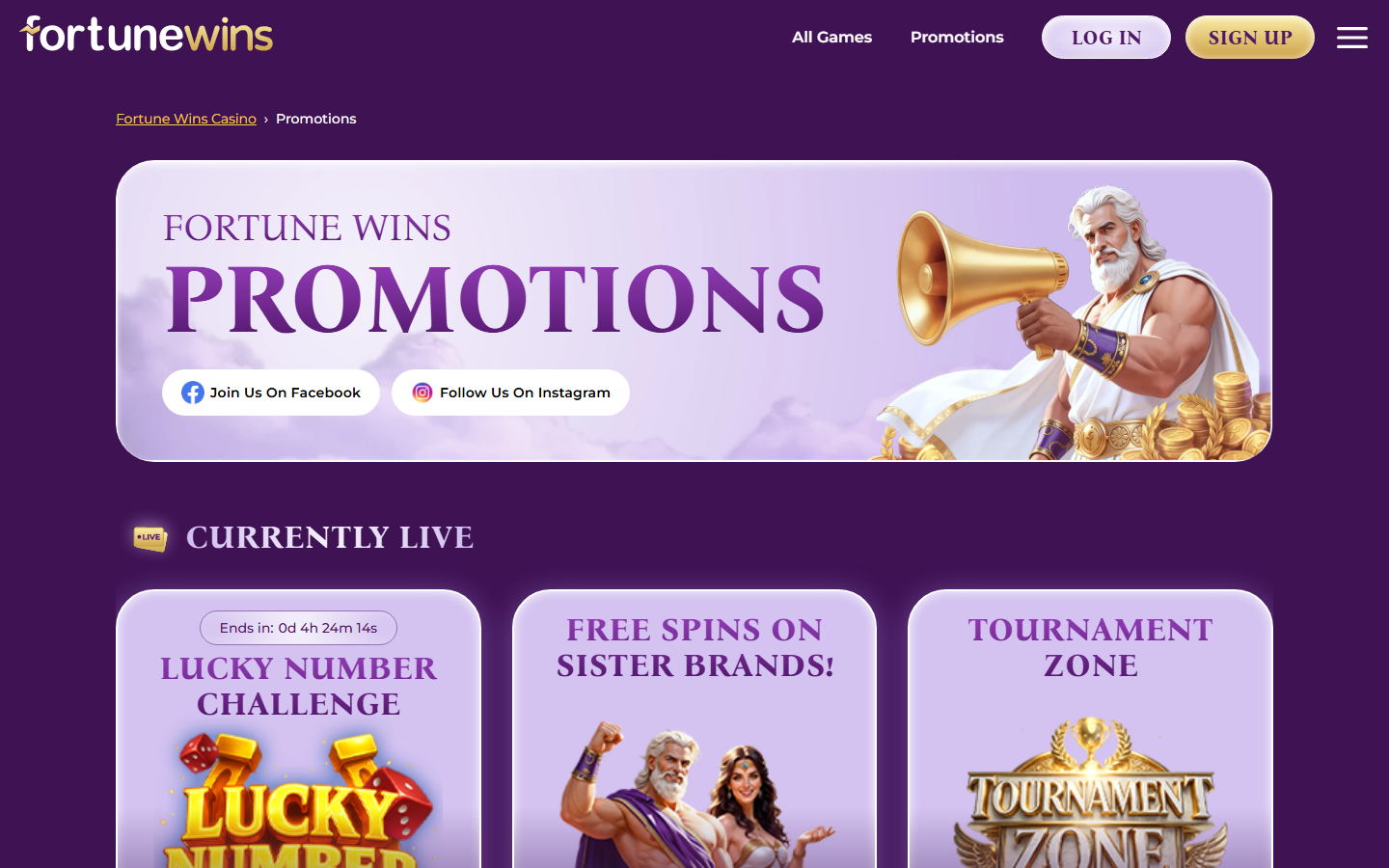 Fortune Wins promotions page with the Greek-themed 'Fortune Wins Promotions' hero and currently live offers