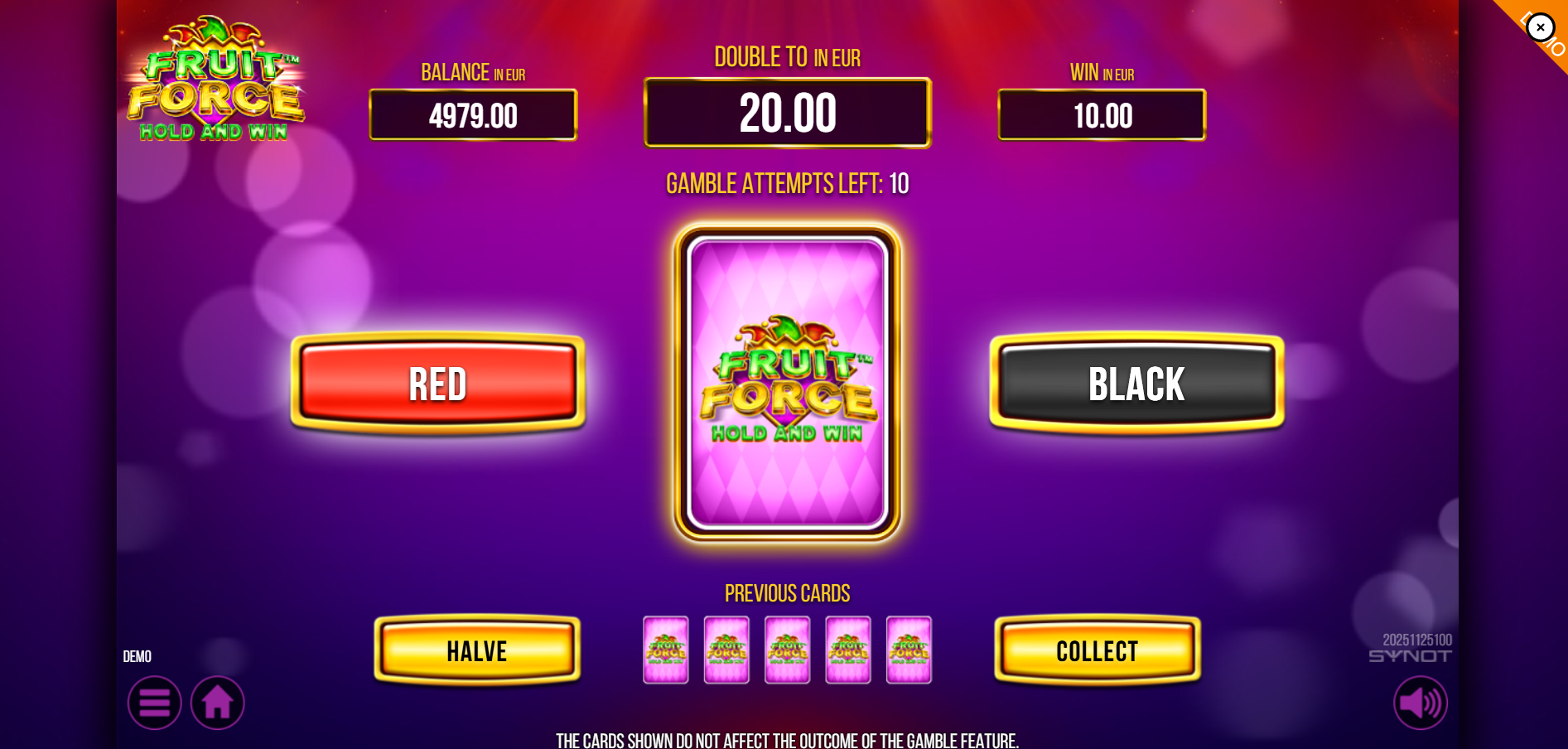 Fruit Force gamble feature card colour guess screen