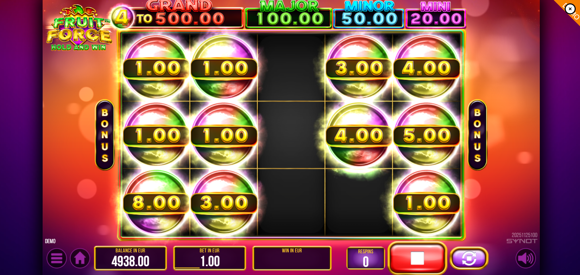 Fruit Force Hold and Win bonus feature active with collected Bonus symbols