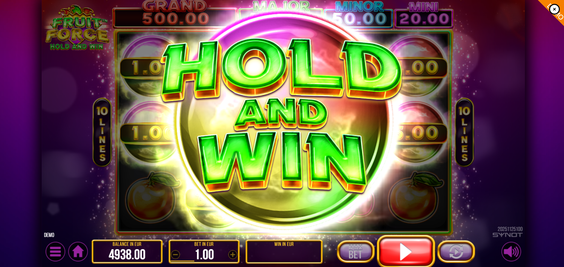Fruit Force Hold and Win feature being triggered by 6 Bonus symbols