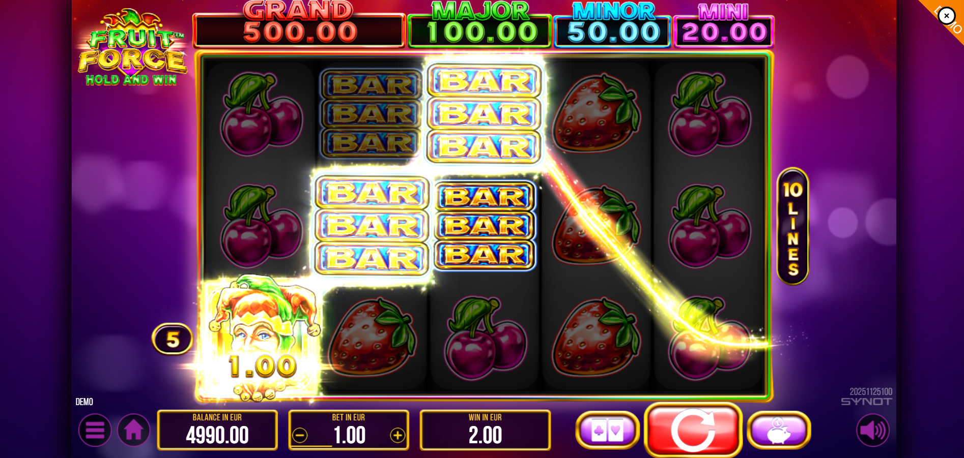Fruit Force paytable showing 10 fixed paylines